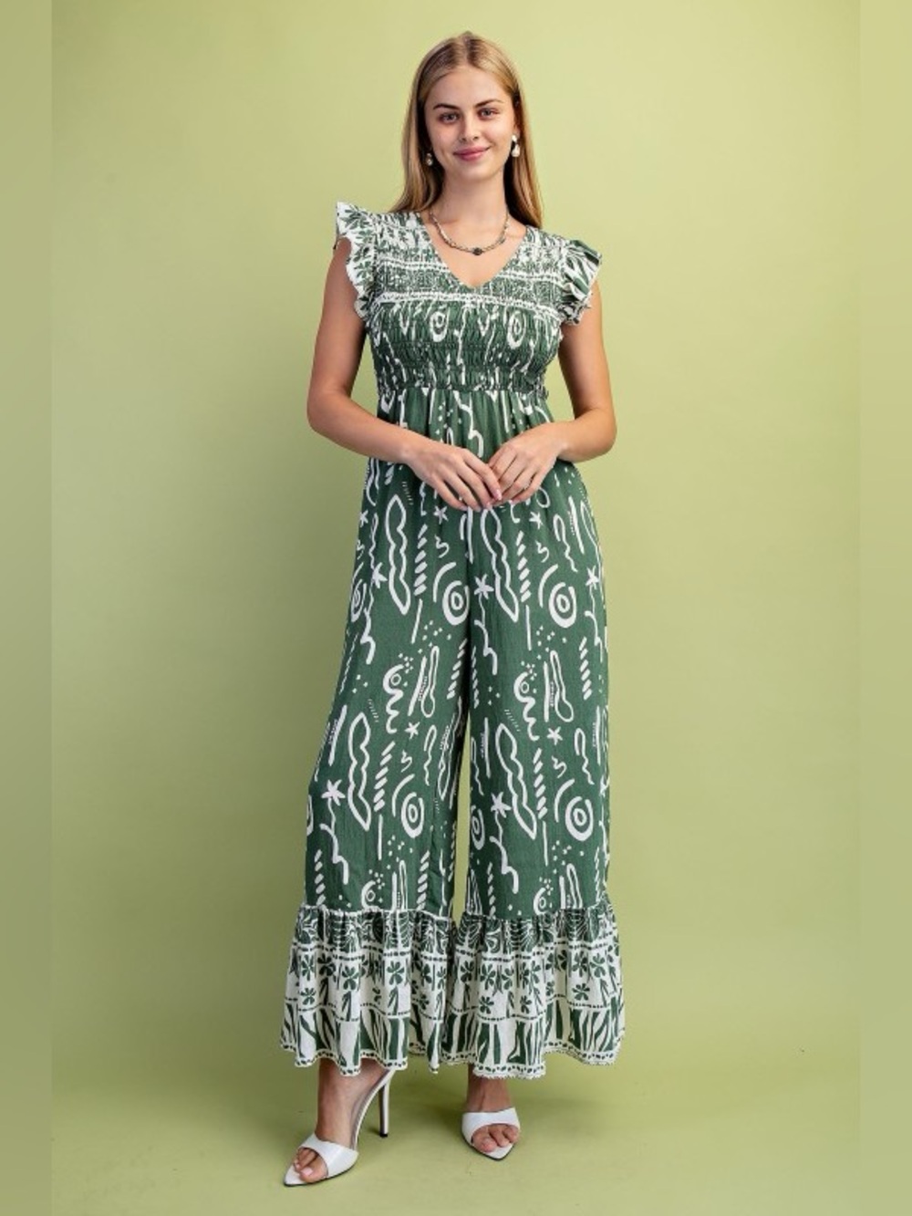 Green Printed Smocked-Waist Wide-Leg Jumpsuit L